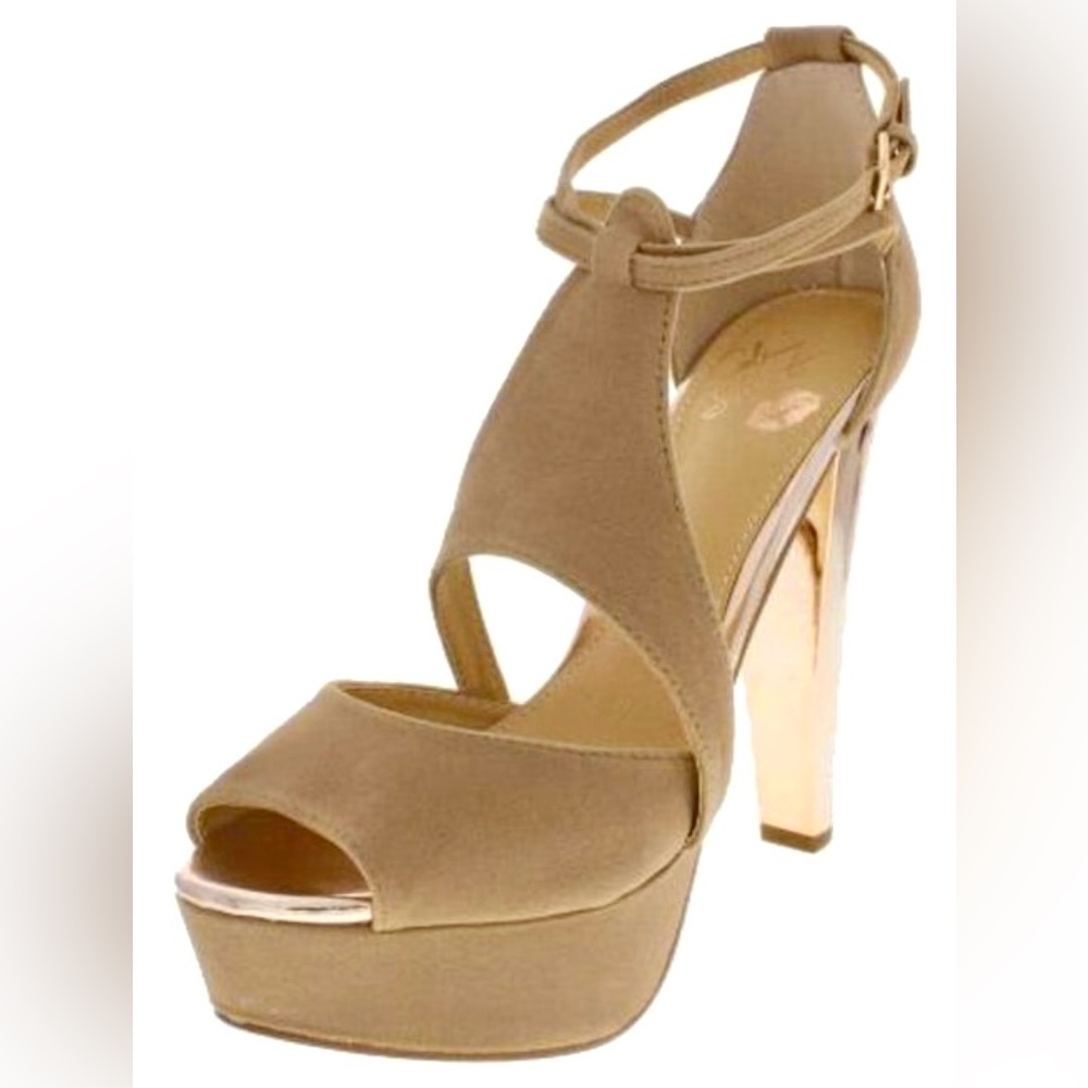 COLIN STUART  BEIGE PLATFORM  ROSE GOLD METALLIC HEELS — SIZE 8